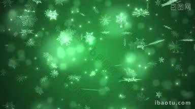 美丽的雪花飘落，绿色的冬季背景无缝循环
